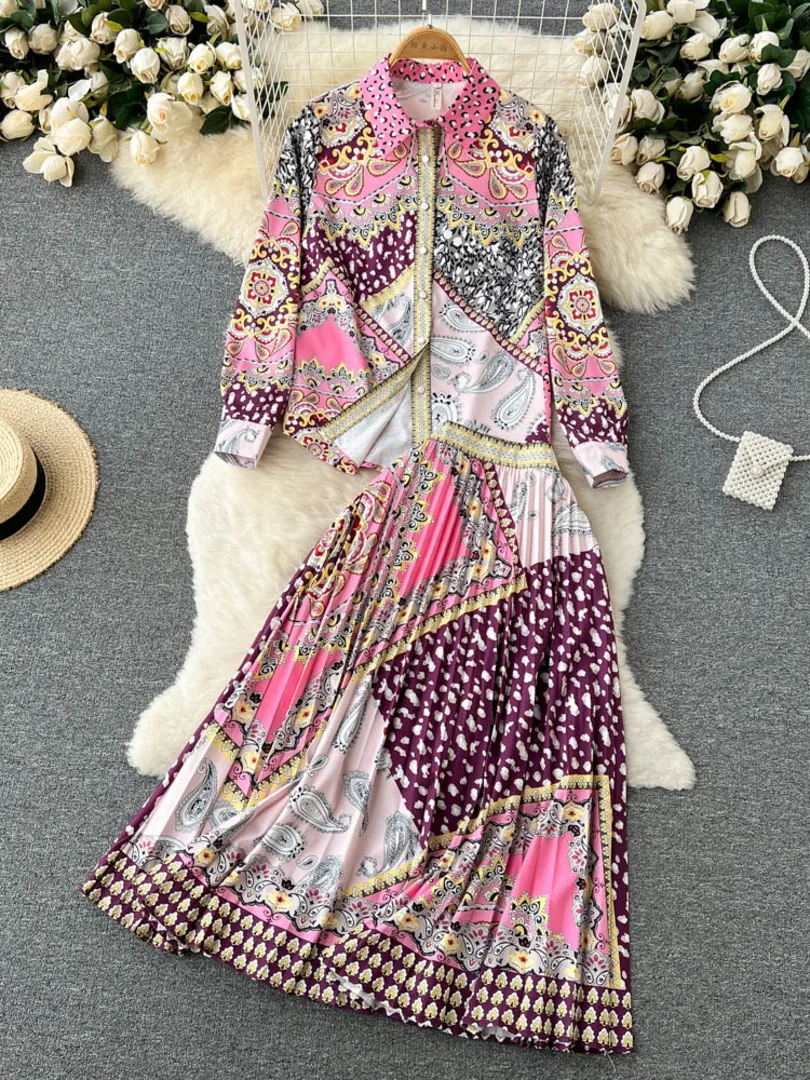 

2022 Spring Summer Women 2 Piece Set Floral Print Long Sleeve Shirt Blouse and Midi Pleated Skirt Suits Elegant Female Clothing