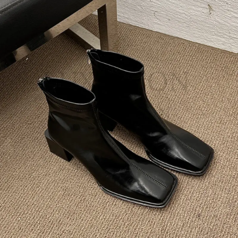 Autumn Design Heel Ankle Boot Fashion Square Toe Zipper Ladies Casual Chelsea Boots Shoes Soft Leather Short Boot