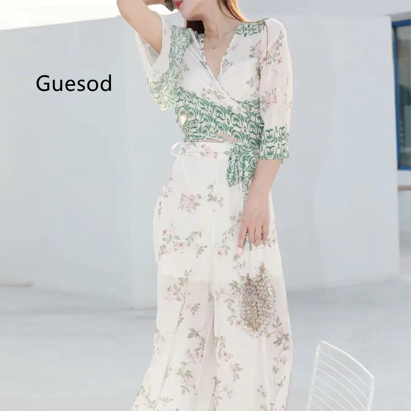 

Guesod Silk Pants Set Female 2022 Silk Diamond Belt Short Top Print Silk Skirt Pants Wide Leg Pants Suit New