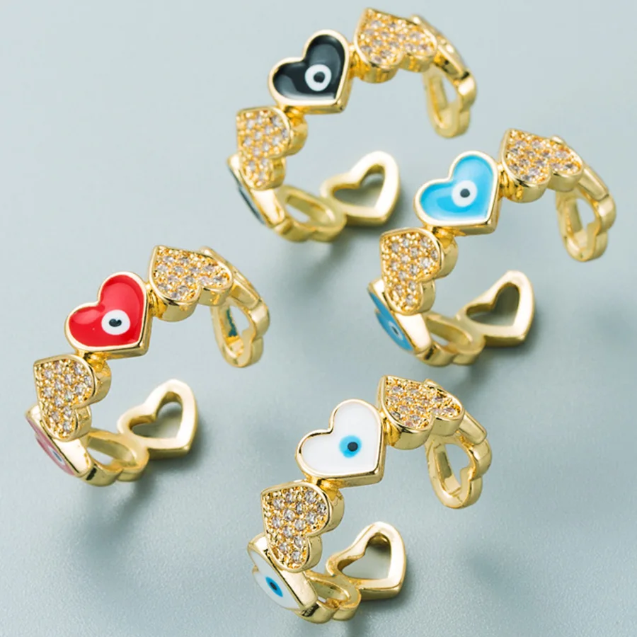 

Classic Turkish Blue Evil Eyes Rings For Women Open Adjustable Shiny Zircon Colorful Enamel Love Heart Finger Ring Lucky Jewelry