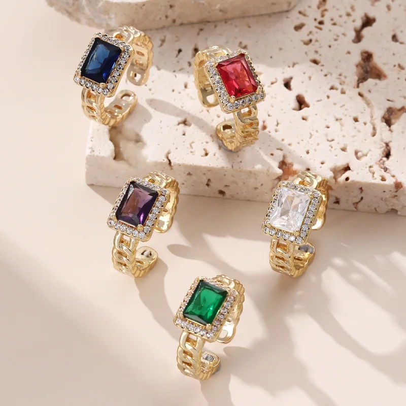 

Korean Fashion Jewelry Finger Ring Copper Light Gold Color Square Natural Zircon Luxury Elegant Women's Open Ring