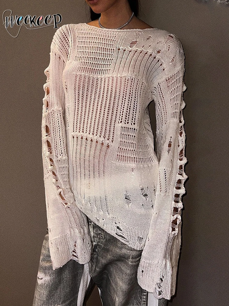 

Weekeep Ripped Sweater Pullovers Oversized Hollow Out Full Sleeve Women Jumpers y2k Aesthetic Streetwear Hip Hop Sweaters Casual