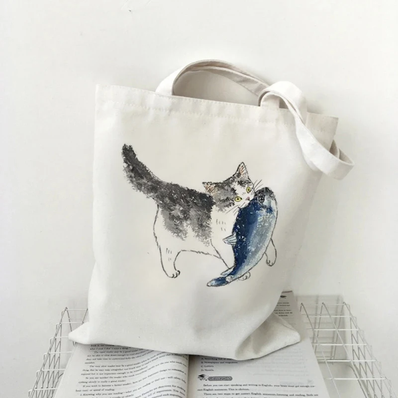 

2022 New Cartoon Cat Canvas Handbag Ladies Designer Handbag Girl Shopping Bag Fashion Casual Retro Printing Large Capacity Shoul