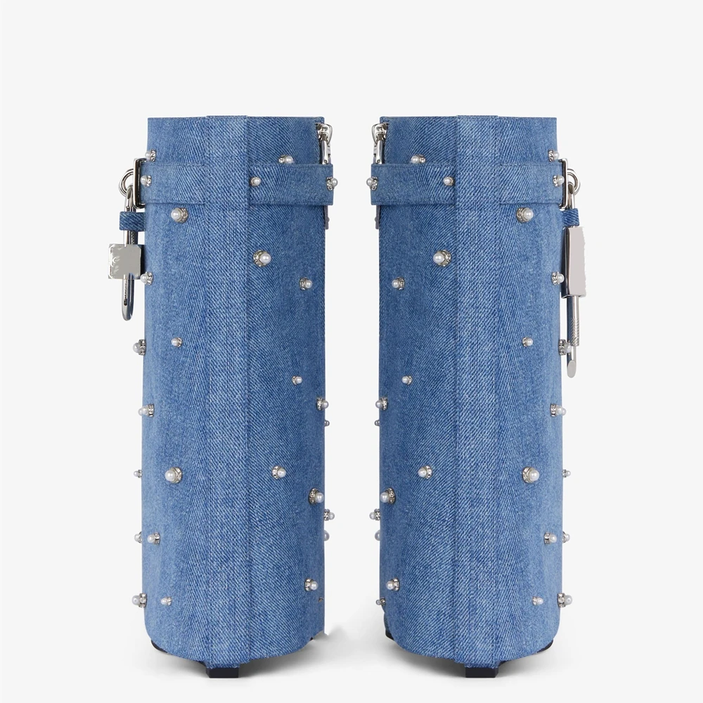 Women Wedge Fold Pointed Toe Boots Shark Lock Zipper Denim Cloth Casual High Heels Metal Decor Fashion Rivet Large Size 43