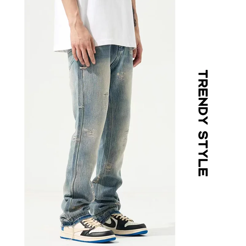 Streetwear Men 2022 Fashion New Pattern Vintage Recreational Blue Jeans Loose Straight Cylinder Ripped Trousers Autumn Female