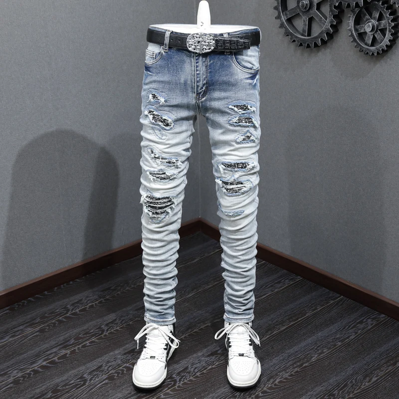 Street Fashion Men Jeans Retro Blue Stretch Elastic Broken Patched Designer Ripped Jeans Men Skinny Hip Hop Brand Pants Hombre