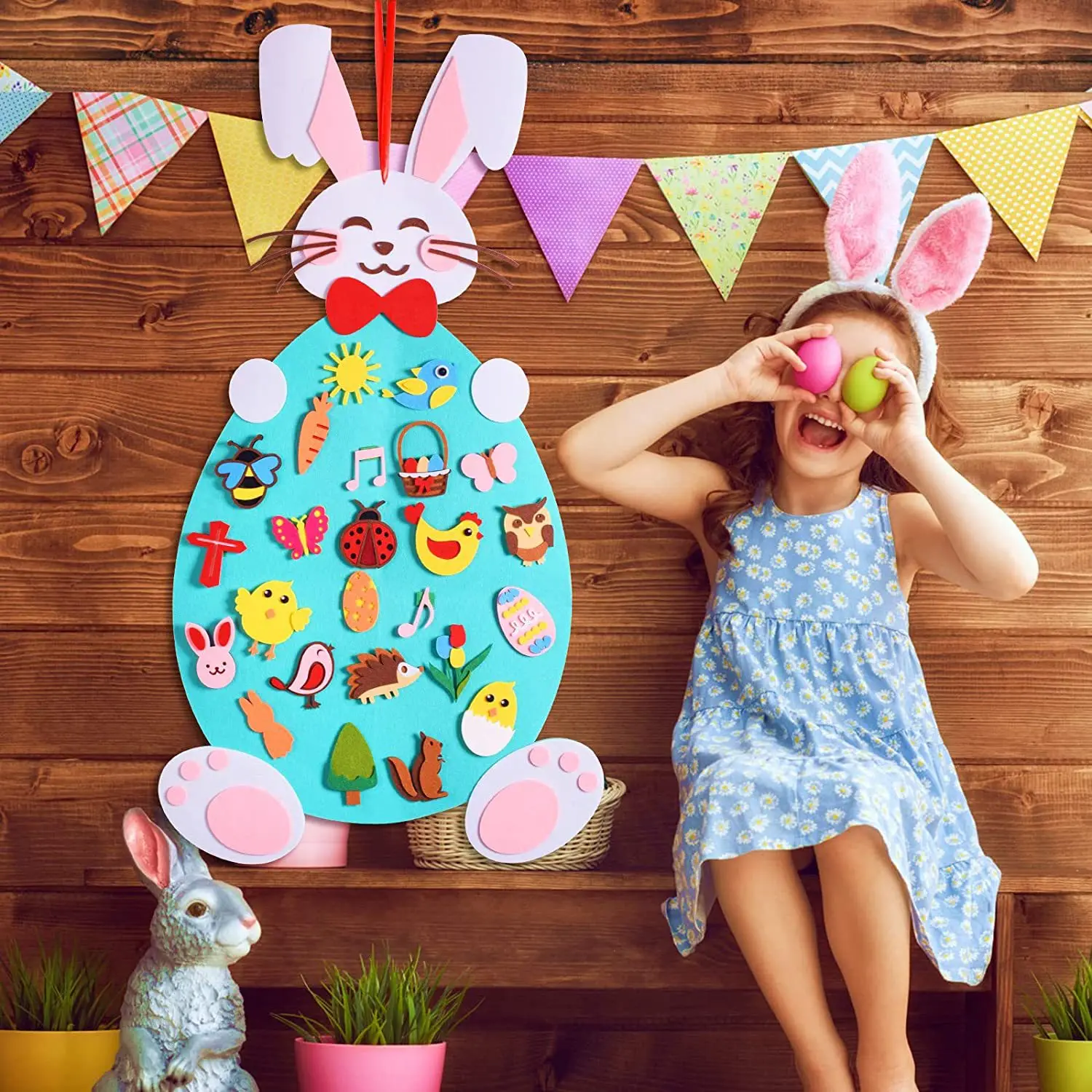 

Easter Felt Rabbit Colorful Eggs Chick Creative Puzzle Wall Sticker Holiday Hanging Pendant 2023 Happy Easter Day Party Decor