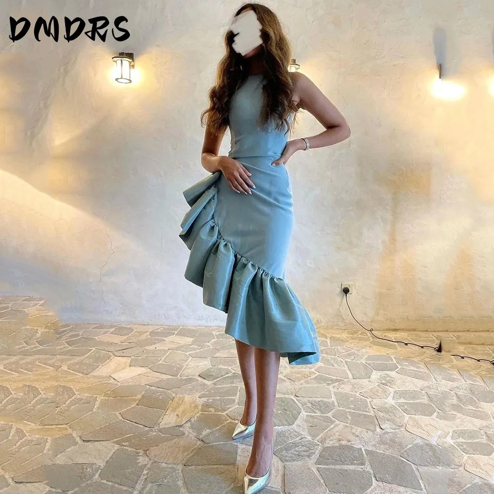 

Blue Midi Evening Dresses Sheath Asymmetrical Ruffles Simple Prom Dress Formal Party Gowns Saudi Arabic Women Outfit