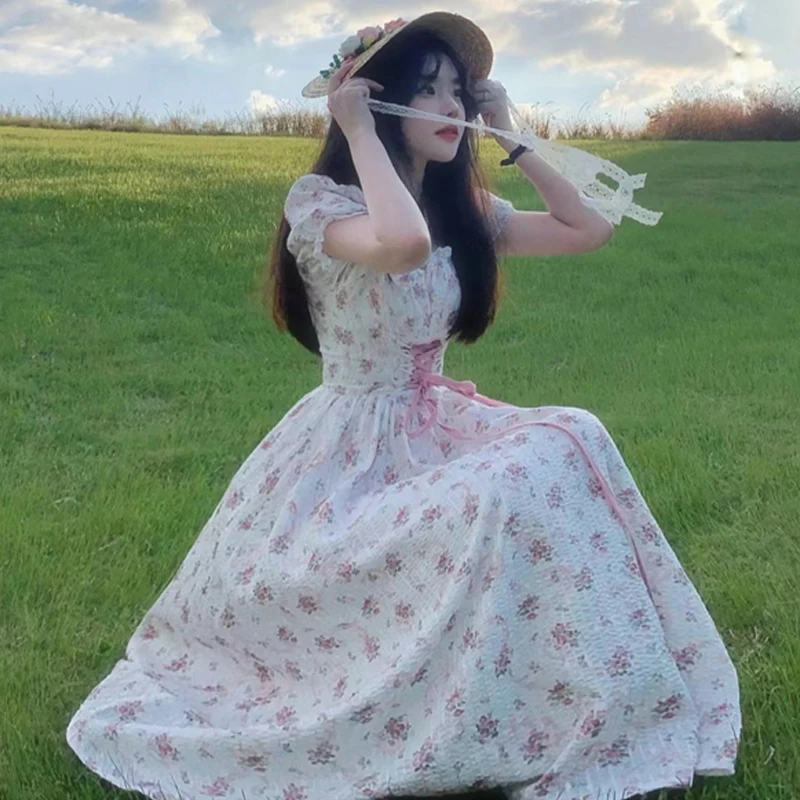 

Summer Dresses for Women French Sweet Print Bubble Sleeve Floral Dress Women's New High-grade Milk Sweet Waist Long Dress