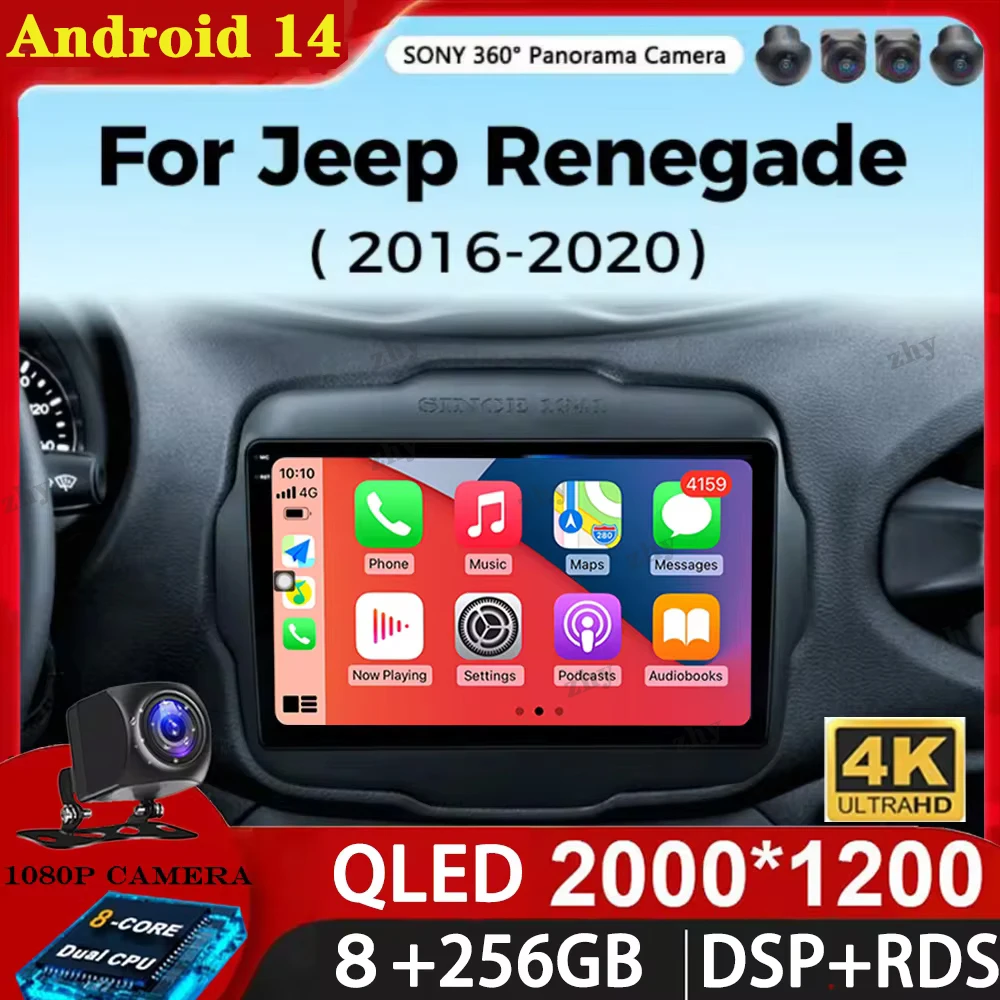 Фото Мультимедийный плеер Android 14, для Jeep Renegade 2016-2020, Carplay, Android, авто, стерео, 4G, Wi-Fi, 360, камера, головное устройство, DVD №1