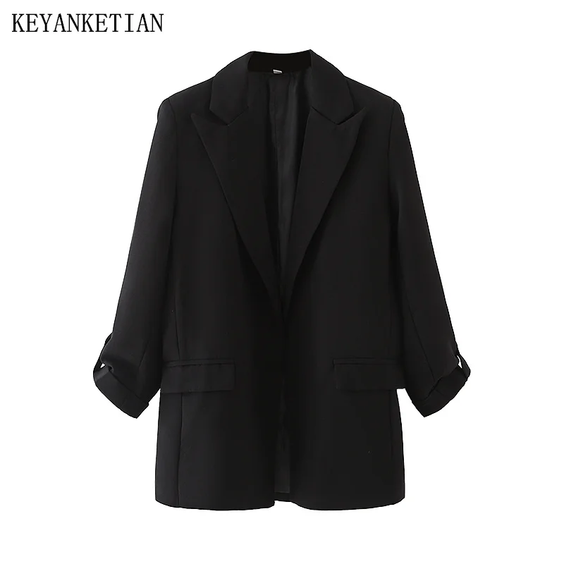 

Осенний женский костюм KEYANKETIAN, длинная Повседневная Верхняя одежда с отложным воротником и карманами, однотонная Офисная Женская верхняя одежда