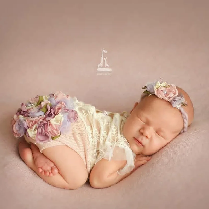 Dvotinst Newborn Baby Photography Props Floral Headband Flower Shorts 2-piece Fotografia Accessories Studio Shooting Photo Props