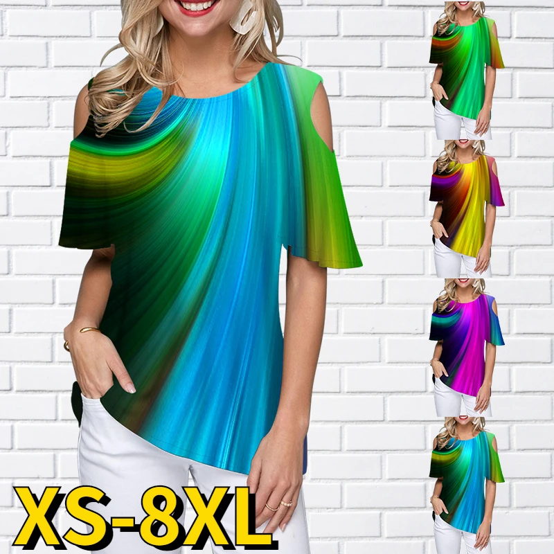 

Новинка 2023, модная женская футболка с радужным принтом, свободные футболки с открытыми плечами, Повседневный пуловер Sunmer для отдыха, футбол...