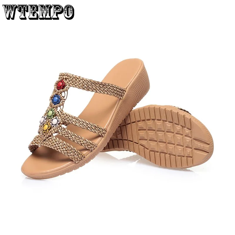 WTEMPO Bohemia Style Weave Wedge Slippers Women 2023 Summer Soft Sole Sandals Comfortable Non Slip Beach Slides Wholesale