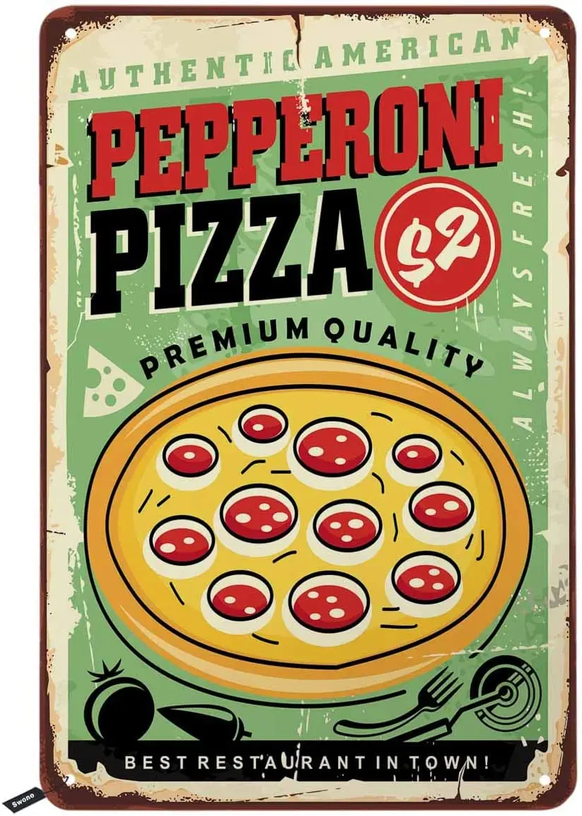 

Swono American Pepperoni Pizza Tin Signs,Pizzeria Fast Food Delicious Pizza Vintage Metal Tin Sign for Men Women Bars,