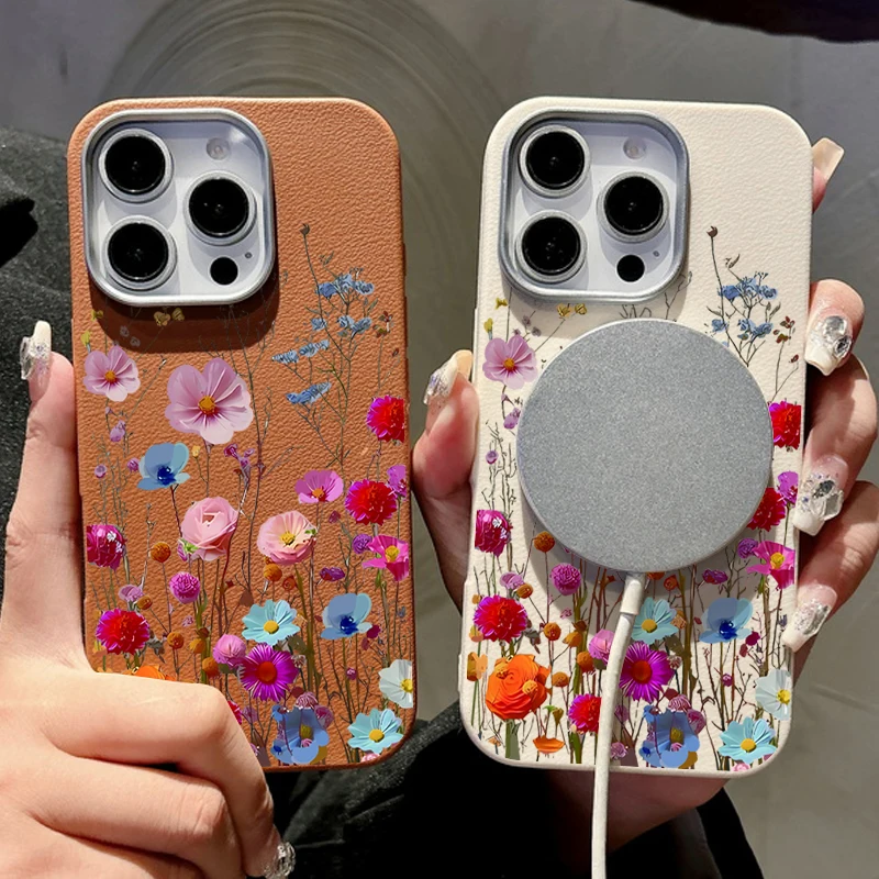 Противоударный чехол из ТПУ с цветным цветком для телефона Magsafe iPhone 16 15 14 Pro Max Plus 13