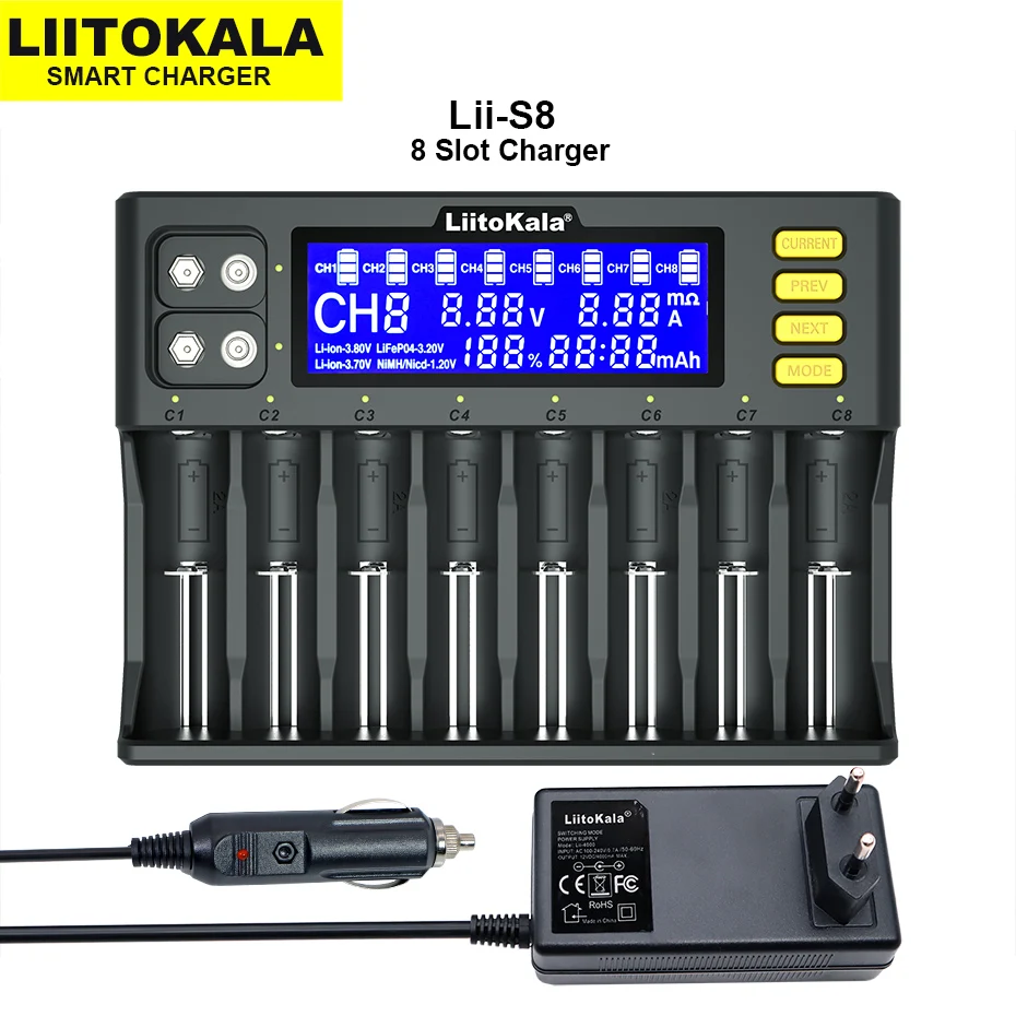 

Зарядное устройство LiitoKala Lii-S8, PD4, для аккумуляторов литийионных 3,7 В, NiMh 1,2 В, Li-FePO4, 3,2 В, IMR 3,8 В, 18650, 26650, 21700, 26700, 18350, AA, AAA