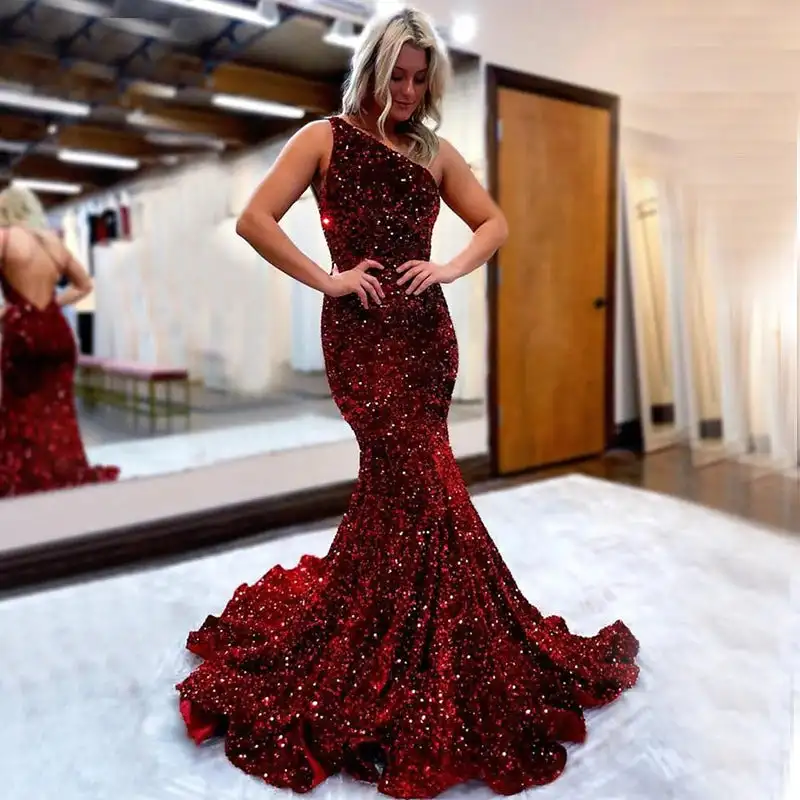 

Блестящее платье-Русалка на одно плечо с открытой спиной, бордовое модное равномерное платье без рукавов