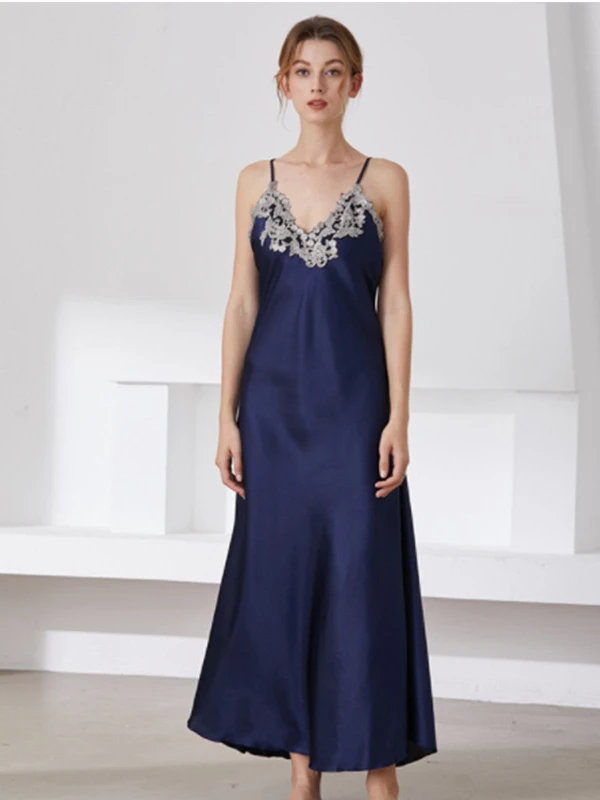 Imitated Silk Pajamas Women's Lace Sexy V-neck Long Slip Nightdress Pajamas Home Wear Sleep Dress Sexy Nightgown Camisolas Robe