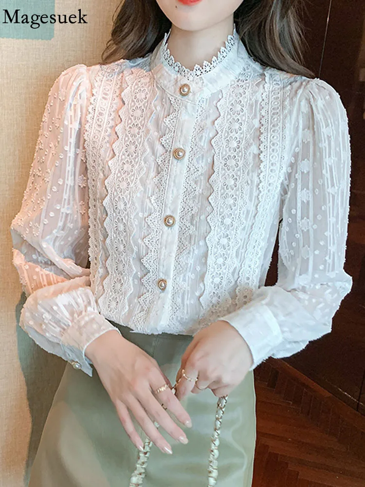 2022 белая кружевная блузка и рубашка осенние женские топы Элегантная с длинным