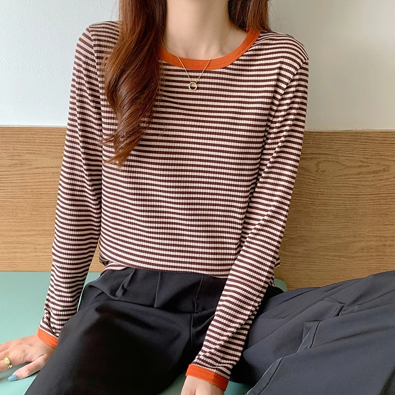 

3391#Real Shot Striped Long SleeveTT-shirt Women's Clothing2022New Inner Wear Undershirt Early Spring and Autumn Online Popular