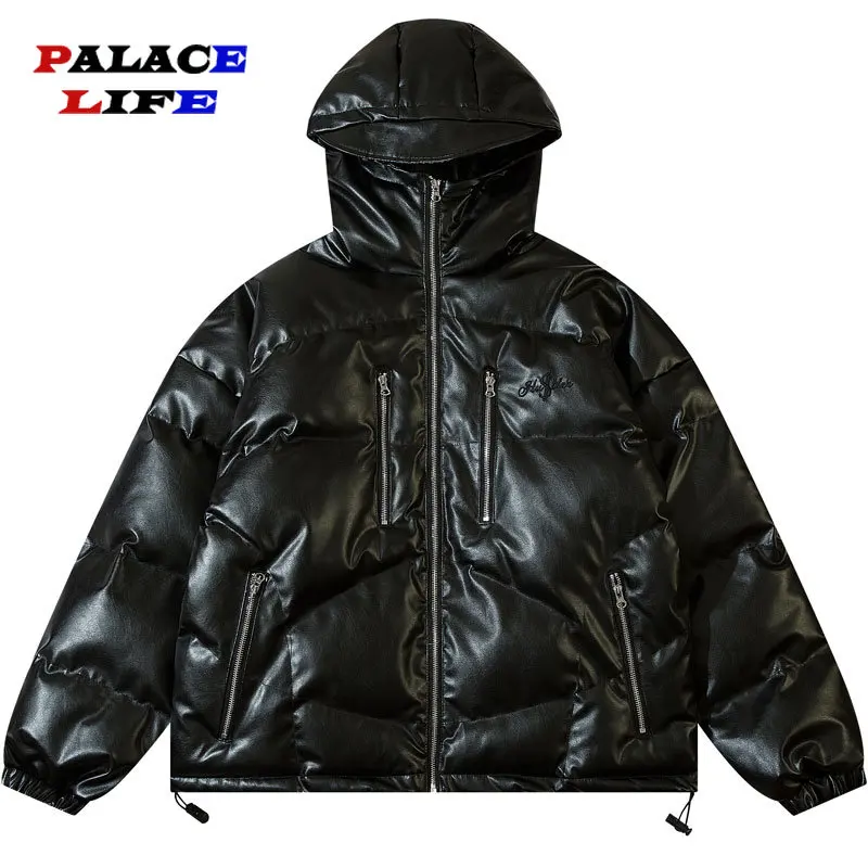 Winter PU Leather Hooded Parkas Jacket Men Solid Color Thicken Warm Padded Bubble Coats Harajuku Fashion Loose Oversize Outwear