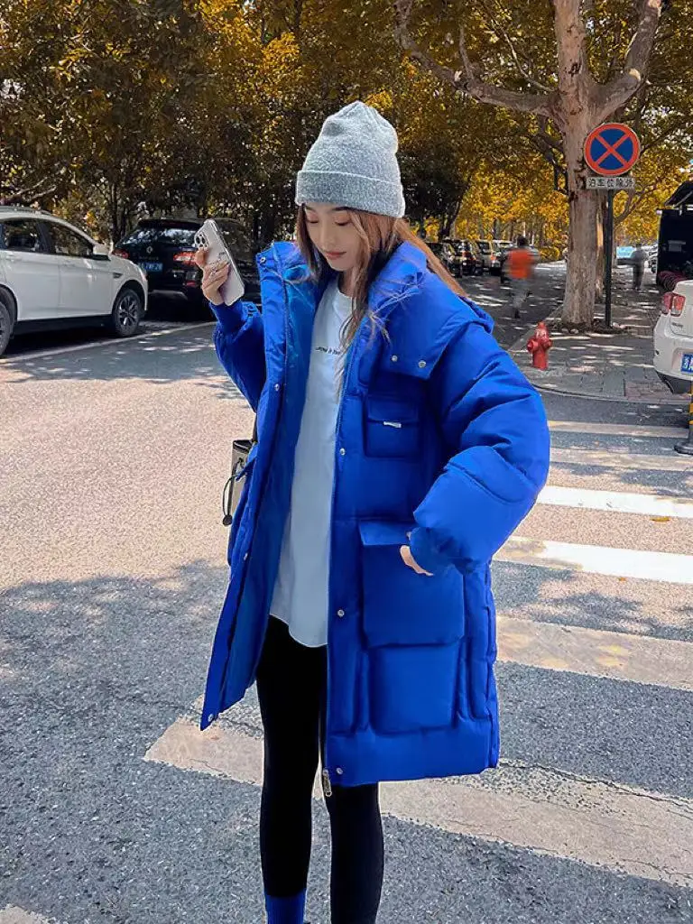 

2023 New Winter Mid-Long Parkas Jackets Women Solid Casual Thick Warm Hooded Coat Female Korean Cotton Padded Loose Puffer Coats