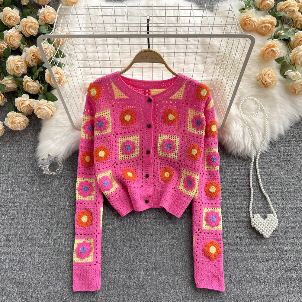 

Hollow Out Embroidered Flowers Female Knitted Cardigans Coat O-neck Single-breasted Lazy Sweet All-match Women Sweater Top