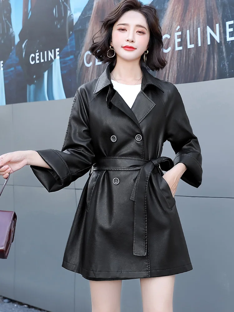 New Women Leather Trench Coat Spring Autumn Single Breasted Adjustable Waist Loose Sheepskin Coat Casual Jacket Split Leather