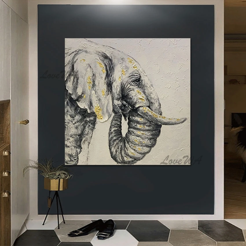 

100% Hand-painted Elephant Oil Painting Gold Foil Design Modern Abstract Painting Canvas Art Dropshipping Picture Unframed