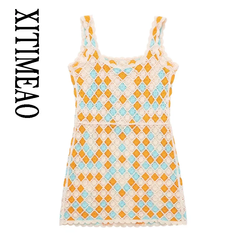 

XITIMEAO 2022 Summer New Women's Openwork Diamond Pattern Crochet Lapel Mini Knitted Dress