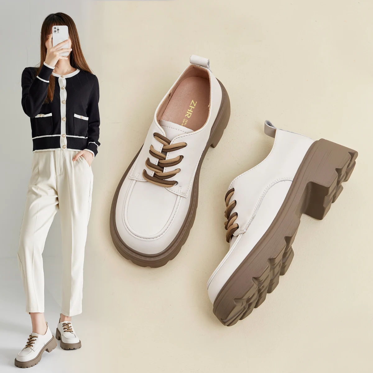 2023 Leather Loafers Round Toe Female Lofers - Women Thick Heels Slip On Black Shoes for Womens - ZHR AY78