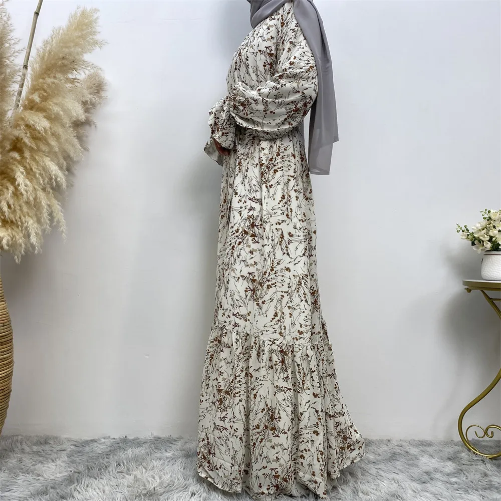 Spring 2023 New Luscious Muslim Print Bell Sleeves Lined with Stylish Chiffon Dress Abayas for Women Muslim Dress