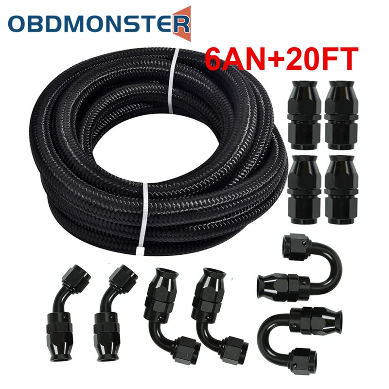 

New 6AN - AN6 Black Nylon Braided E85 PTFE Fuel Line 20ft 10 Fittings Hose Kit Gas Cooler Hose Braided Inside CPE Rubber