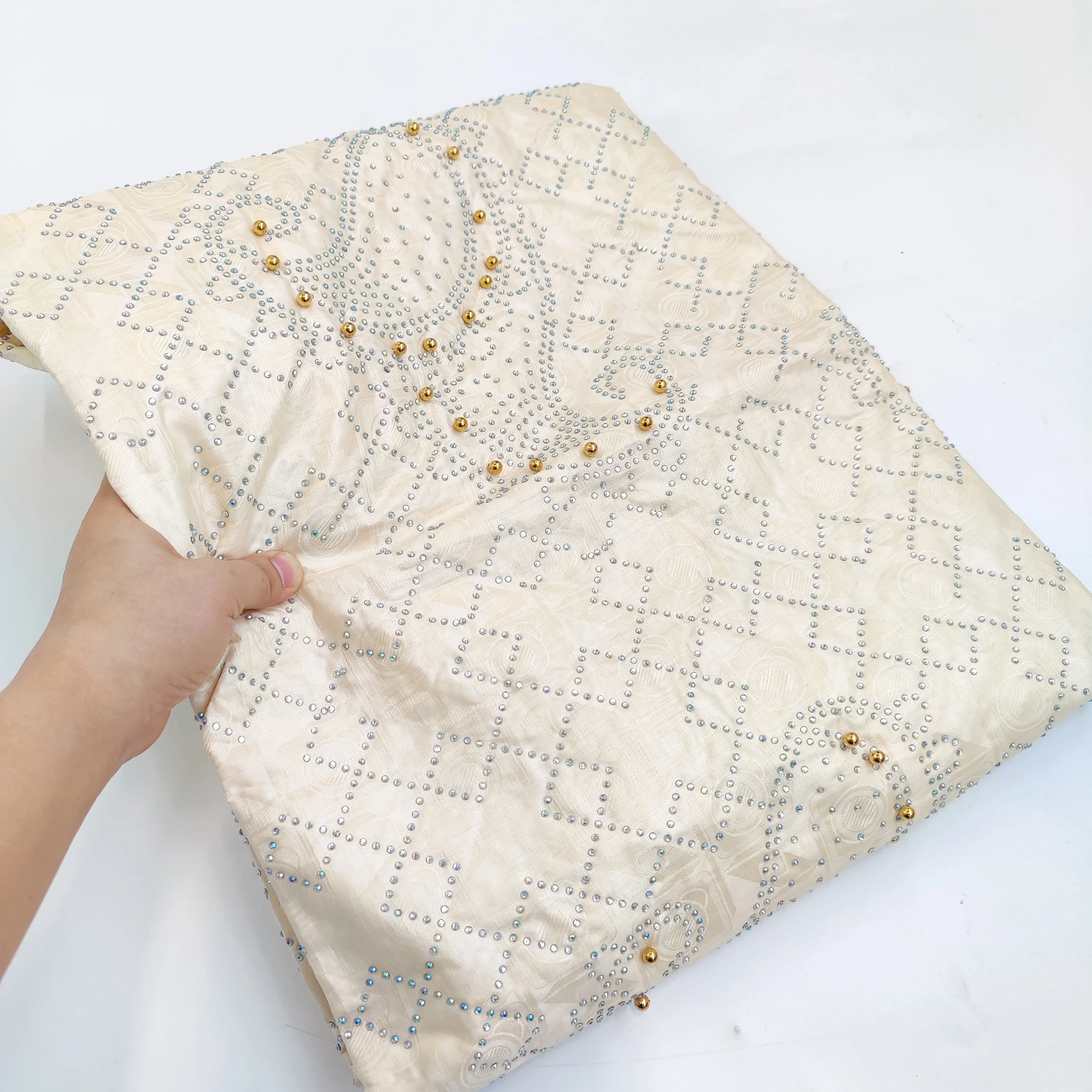 Новинка 2024 базин богатый с полными камнями и бусинами бежевый Африканский