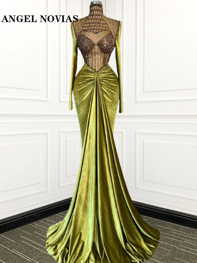 

Зеленые арабские вечерние платья с длинным рукавом и высоким воротником 2023, бархатные платья для выпускного вечера, элегантные платья для ж...