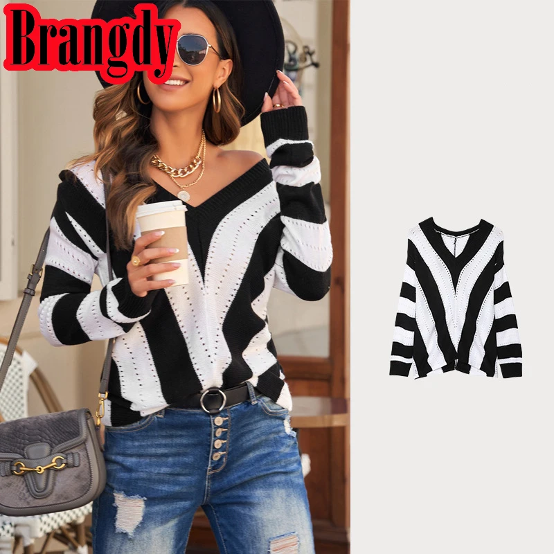 

Autumn and Winter New Women's Contrast Color Long Sleeves Knitted Underwear Top European and American Striped Outerwear Sweater