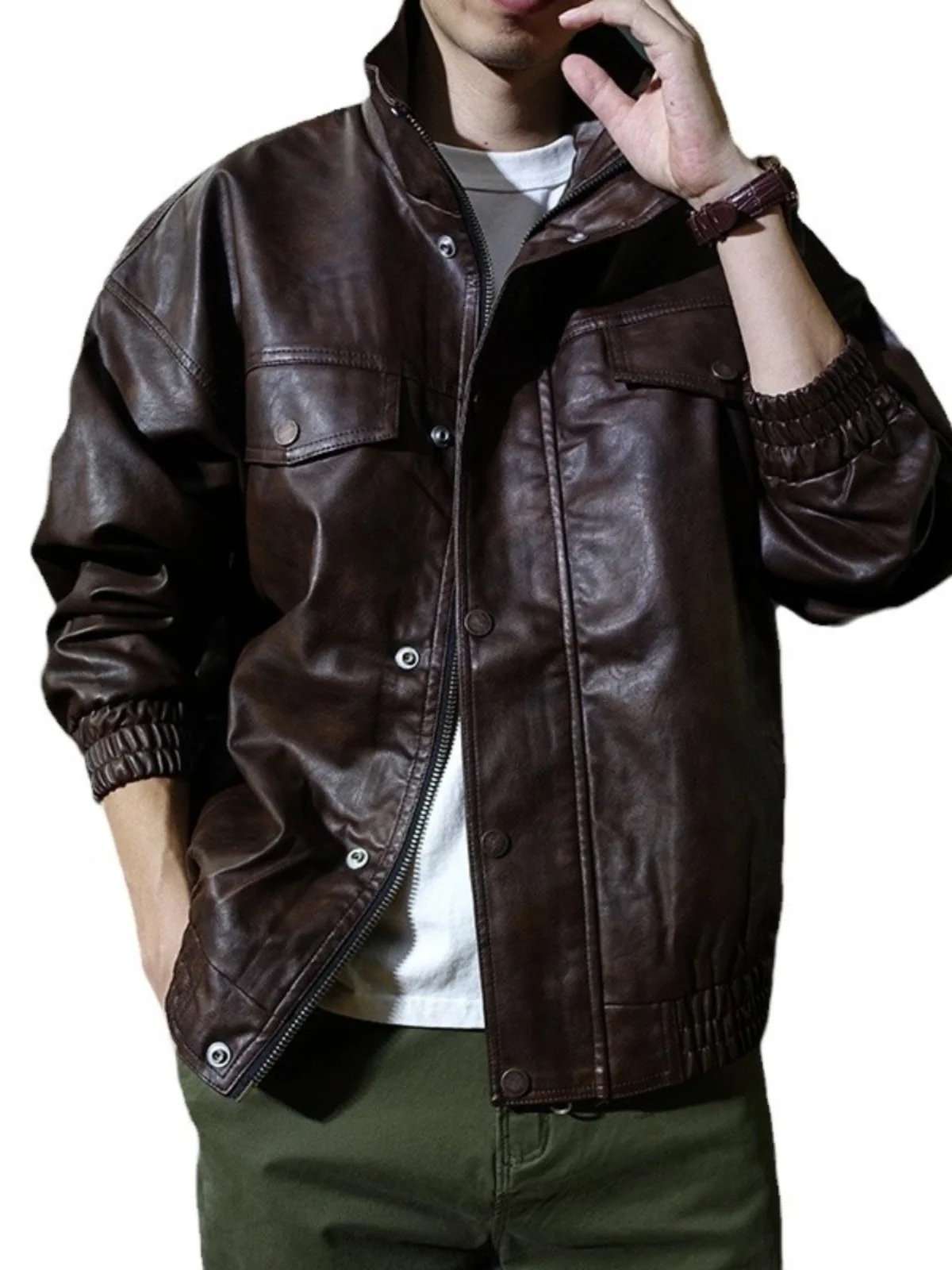 Autumn and Winter Stand Collar Loose Plus size PU Leather Jacket Men's Casual Washed Clothing Multi-pockets Fat Soft ...