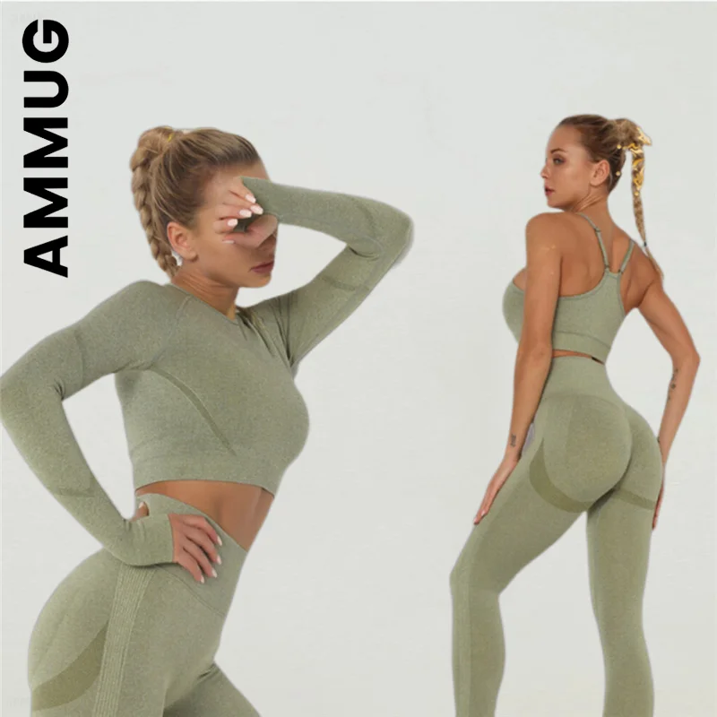 

Ammug Новый женский комплект сексуальный дышащий бюстгальтер Топ с длинным рукавом Леггинсы с высокой талией комплект из 2 частей Длинный сво...