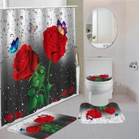 red rose flowers butterfly waterproof shower curtain set non slip mat rug carpet toilet seat cove bathing bathroom decor