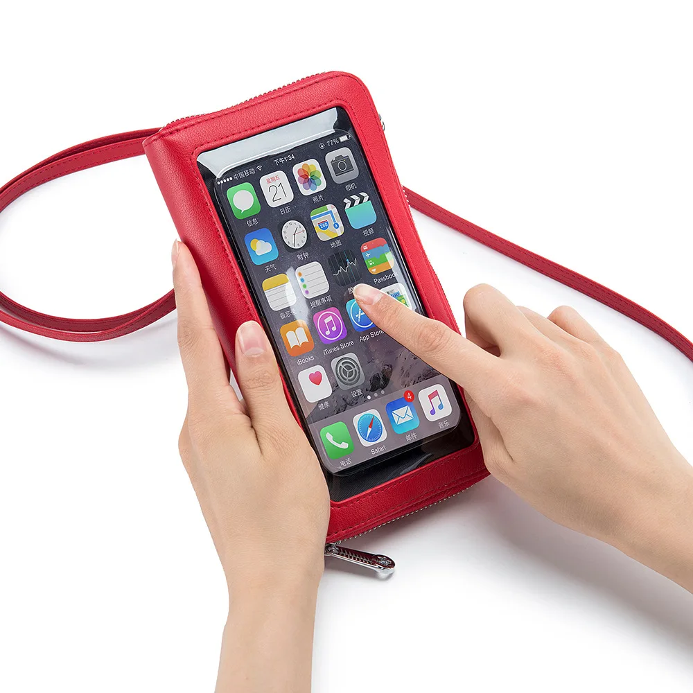 Luxury Leather Women Clutch Wallet Mini Crossbody Bags Ladies Transparent Touch Screen Phone Holder Purse Small Shoulder Bag