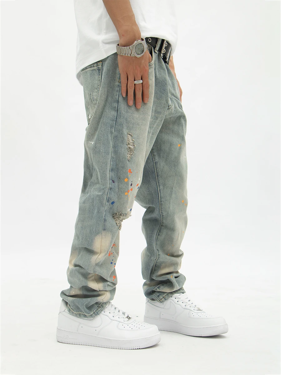 Four Seasons Men Jeans American Ink Splash Wash Men and Women's Same Loose High Street Vibe Style Straight-leg Pendant Trousers