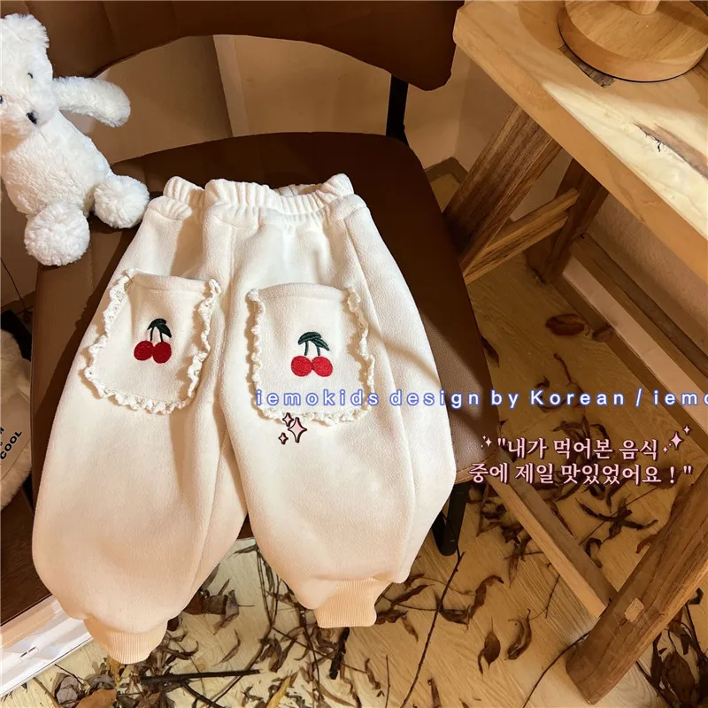 

EnkeliBB Cute Toddler Girl White Warm Pants With Cherry Print Loose Style Kids Lovely Winter Pants Girl Sweet Honey Style Pants