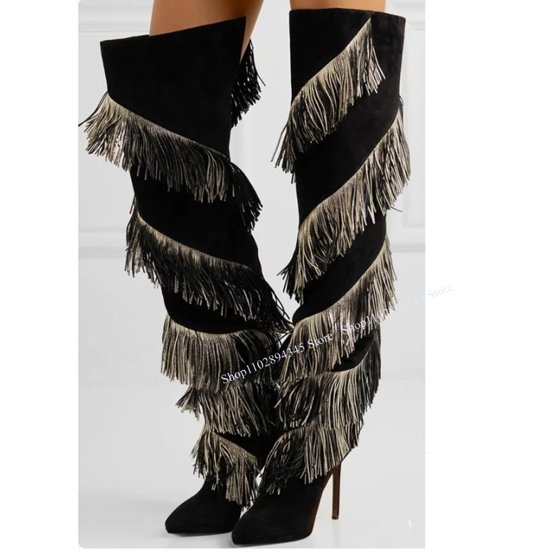 

Black Tassels Decor Boots Thin High Heel Knee High Fashionable Sexy Novel Style Summer 2023 Woman Shoes Zapatillas Mujer