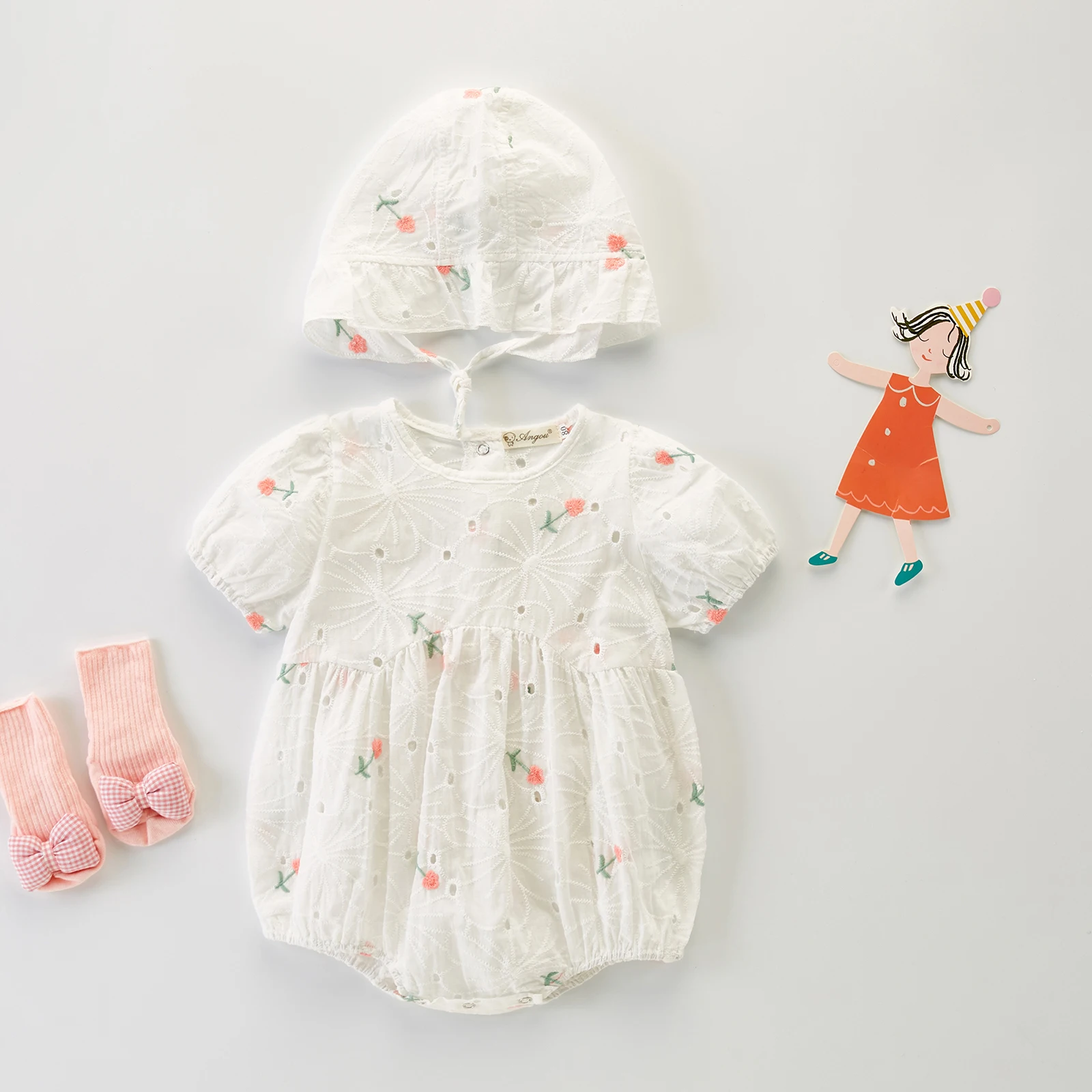 

Baby Girls Lace Clothes Set Round Neck Short Sleeve Lace Embroidery Flower Romper with Hat