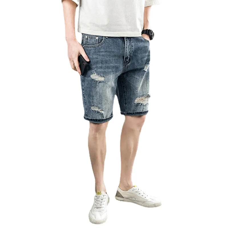 Summer Denim Shorts Streetwear Vintage Jeans Men's Loose Hole Denim Shorts Men's Fashion Button Mid Waist Denim Straight Shorts