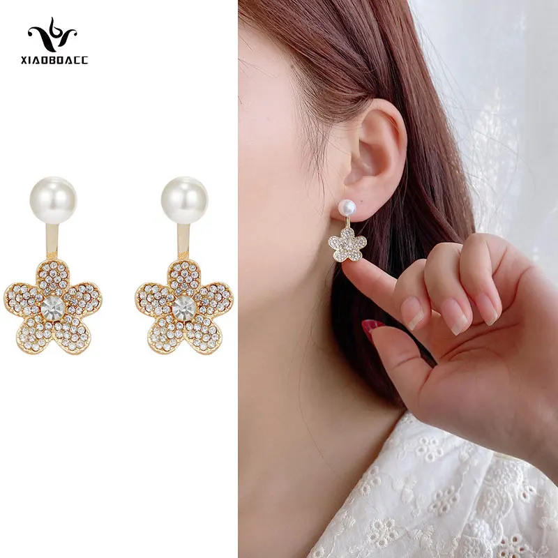 

XiaoboACC S925 Silver Needle Pearl Earrings for Women Fashion Full Diamond Flower Drop Earrings Wedding Party Jewelry