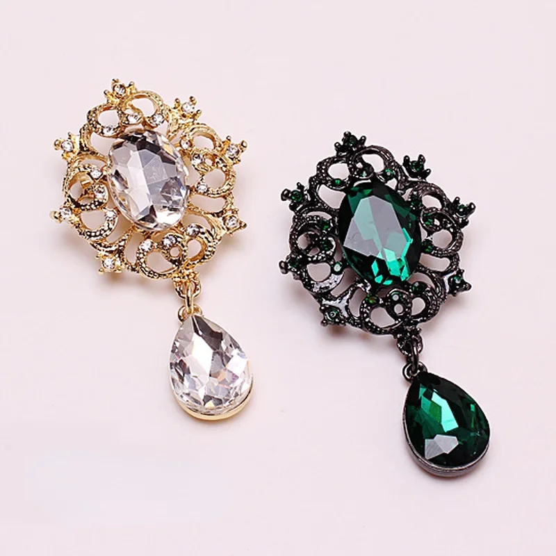 

High Quality Bohemia Retro Gold Vintage Female White/green Crystal Wedding Fashion Women Jewelry Drop Brooch Pins Gift Baroque