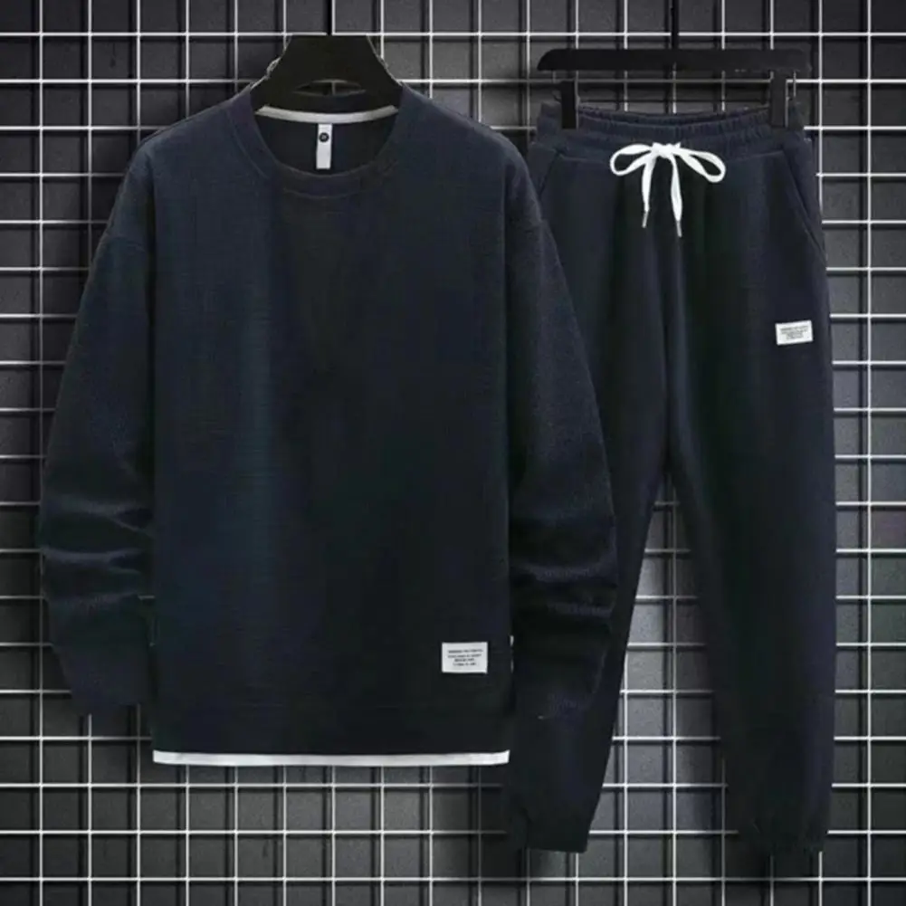 

Crew Neck Top Pants Set Men's Casual Waffle Fabric Outfit Sets Comfortable Long Sleeve Sweatshirts Pants for Autumn Spring
