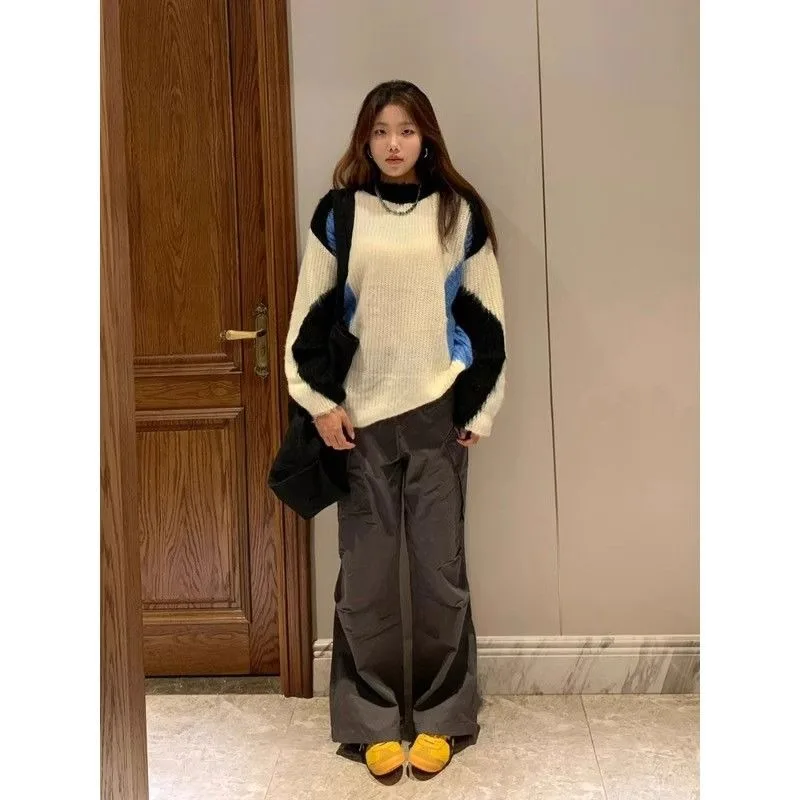 Женский пуловер с длинным рукавом винтажный трикотажный свитер контрастных